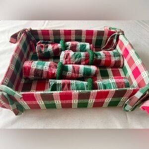 Fabric Tie Plaid Basket Rectangle 13.5 x 10 Casserole + Cloth Napkins + Rings